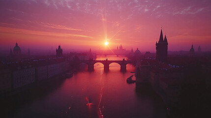 Obraz premium Prague charles bridge sunrise view czech republic travel destination scenic cityscape pink sky europe tourism 100