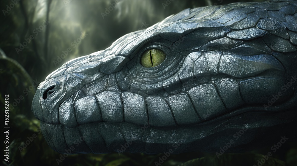 Poster a macro image of a serpent's face with an emerald beam emanating from its eye