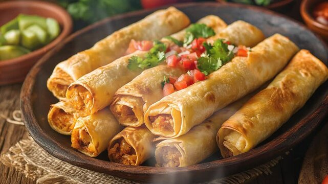 Flautas food in dish with smoke around