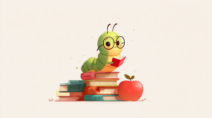   A caterpillar is reading a book while resting atop a stack of books and an apple lies nearby