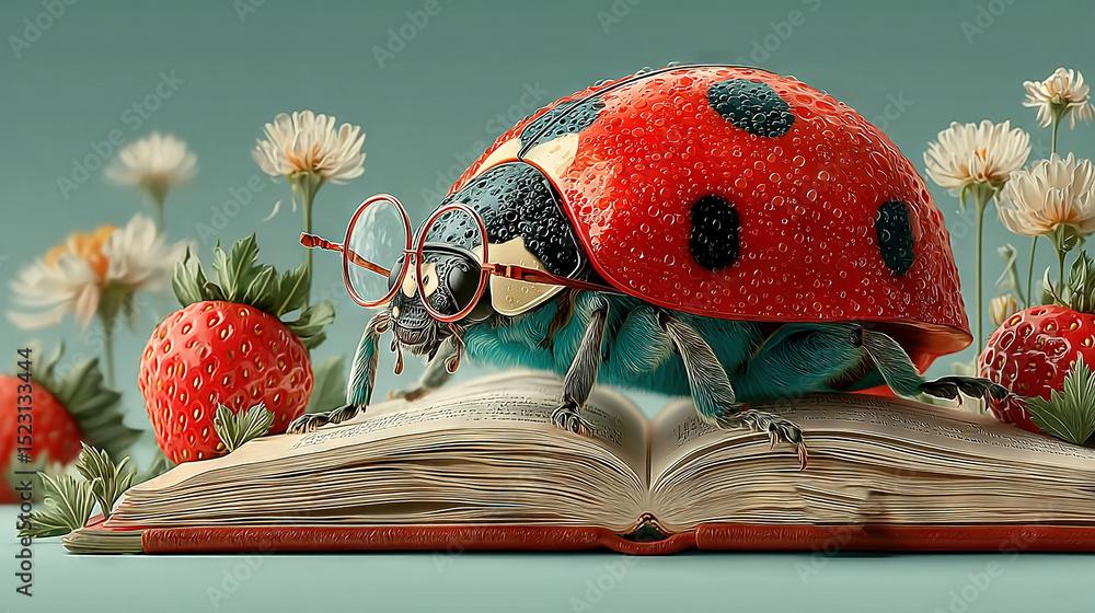 Poster a zoomed-in picture of a book with a ladybug perched on it and glasses placed on top of it
