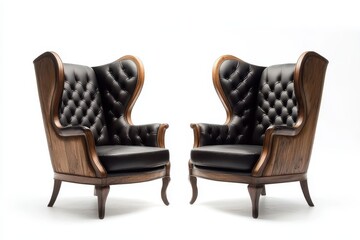 Modern designer wooden chesterfield wing chairs, Modern designer wooden chesterfield wing chairs with elegant upholstery and classic tufted detailing