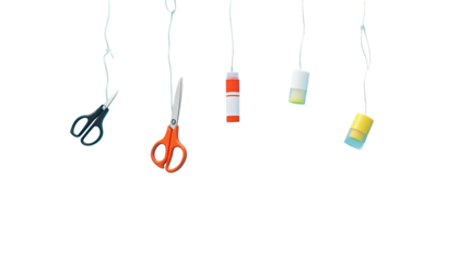 Isolated suspended stationery items including scissors, glue stick, and markers on transparent background for design use