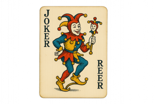 Wooden playing card featuring a clown holding a toy, isolated on transparent background. - Powered by Adobe