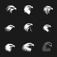 Nine stylized eagle head silhouettes, varying in profile and feather details, on a dark background