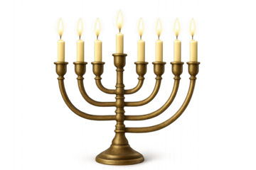 Golden menorah with lit candles isolated on transparent background.