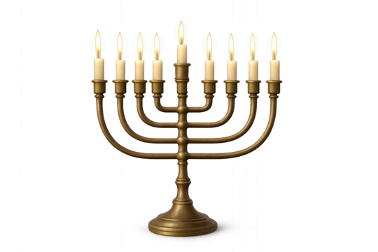 A menorah with lit candles isolated on transparent background.