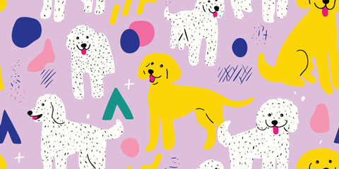 Playful Golden Doodle Dog Seamless Pattern. Cute Cartoon Canine Abstract Design for trendy design, textile, packaging, fabric, wallpaper, branding, stationery, wrapping paper interior decor