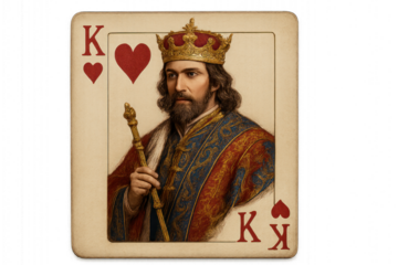 King of hearts playing card with detailed crown, red robe, and holding sword and orb, isolated on transparent background.
