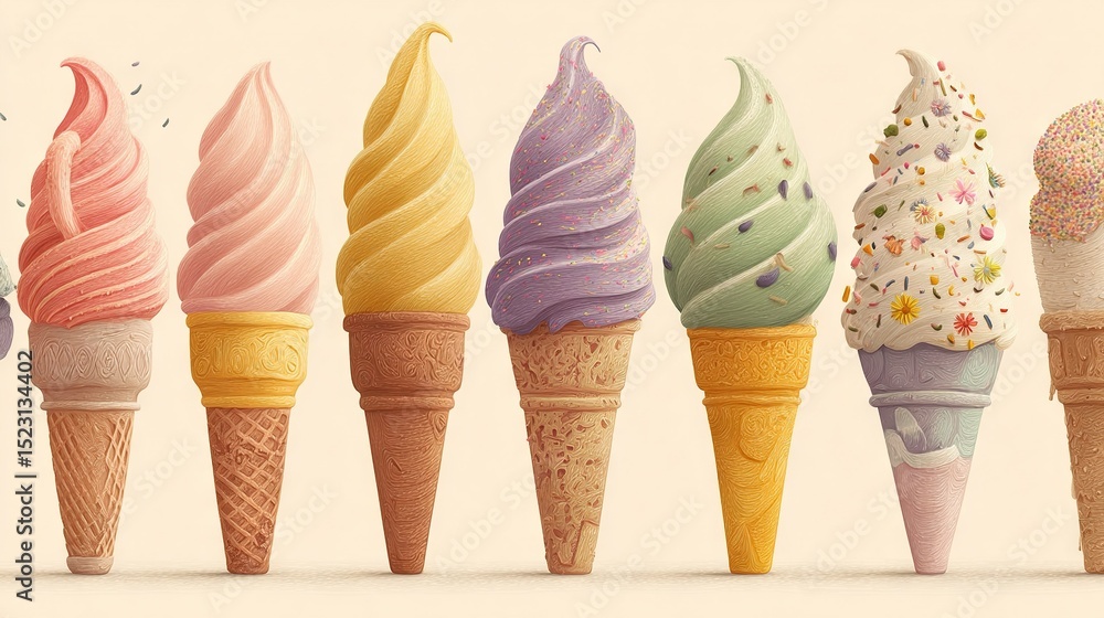 Poster an array of ice cream cones adorned with sprinkles and toppings