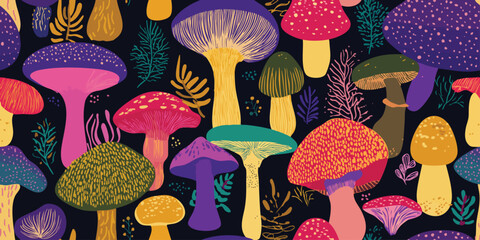 Whimsical Forest Mushroom Seamless Pattern. Vibrant Fantasy Botanical Nature Design for trendy design, textile, packaging, fabric, wallpaper, branding, stationery, wrapping paper interior decor.