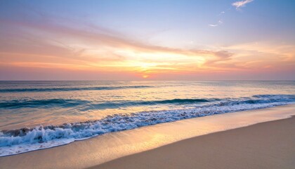 Serene Sunset Beachscape: Tranquil Ocean Waves Kissing the Golden Sand at Dusk