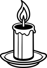 A simple black and white illustration of a lit candle on a round dish with a detailed flame depicted for visual clarity