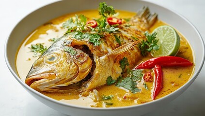 Bowl of Fish in Creamy Coconut Milk Sauce with Fresh Herbs, Lime, and Red Chili Peppers on a Light Gray Background