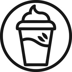 Simple line art illustration of a coffee drink or beverage cup with whipped cream or creamy topping inside a circle