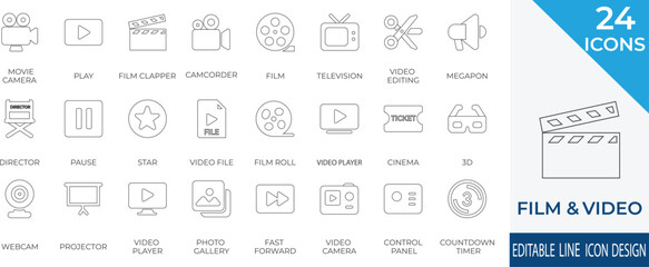 A modern and  line icon set representing film and video production essentials, including movie cameras, directors, film reels, and video editing tools.