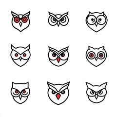 Nine stylized owl head logos in a grid. Each owl face is outlined in black, with a red eye and beak. Some variations in owl expression and beak shape