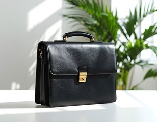 Black leather briefcase on white surface