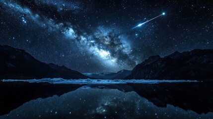 Night sky over a frozen lake with mountains