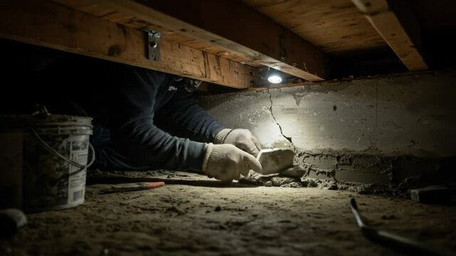 Repairman patching crack in foundation wall with trowel and cement in crawlspace under house beams