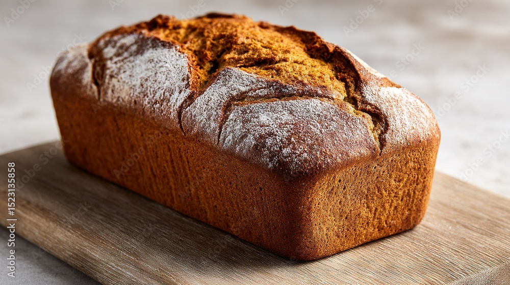 Poster a slice of bread sprinkled with powdered sugar on a cutting board placed on a table