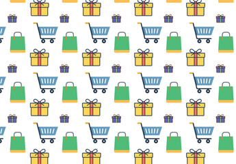  Shopping  seamless pattern. Shopping cart and bag on white background. E-commerce, online shop background. Vector illustration.