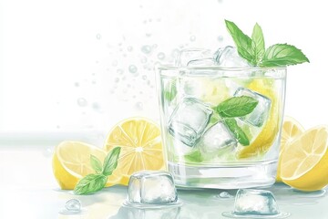Mojito cocktail with ice and lemon, A refreshing mojito cocktail served with ice and a slice of lemon, garnished with mint leaves