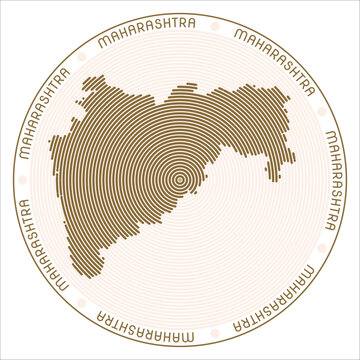 Maharashtra round logo design. State shape built of rings. Maharashtra text around the state. Vector Illustration.