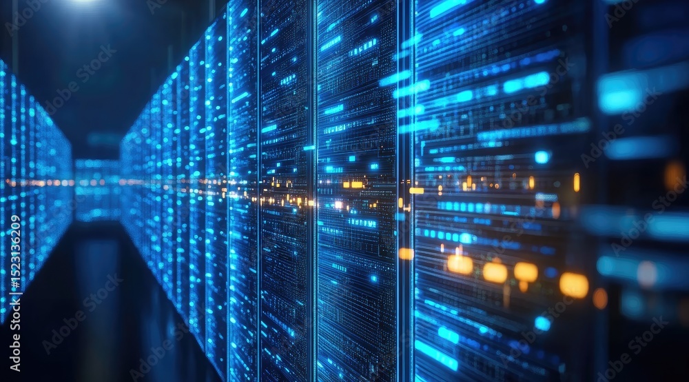 Leinwandbilder high tech futuristic data center corridor filled with glowing blue server panels and orange lights, 