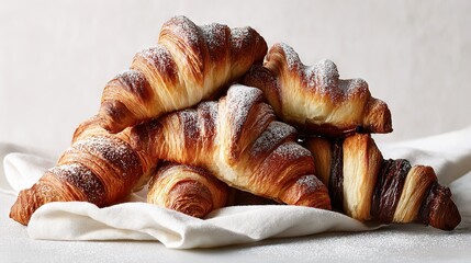   A stack of croissants resting on a white cloth atop a white tablecloth