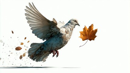 Fototapeta premium A bird with a leaf in its mouth and spread-wide wings