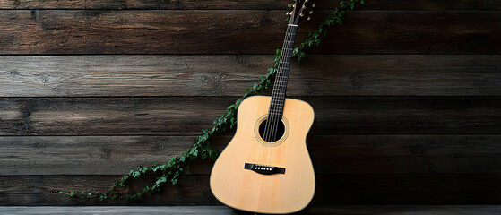 Acoustic Guitar Against Dark Wooden Wall