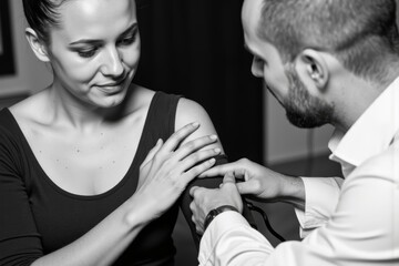 Naklejka premium Medical Trust: Doctor Checking Patient's Blood Pressure in Black and White Photo