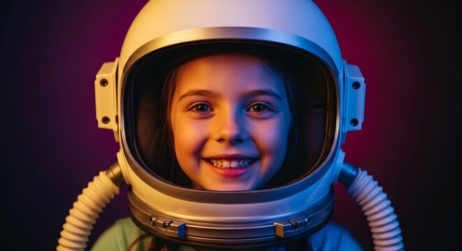 A young girl's bright smile while wearing an astronaut helmet against a vibrant background, filled with anticipation and dreams of space