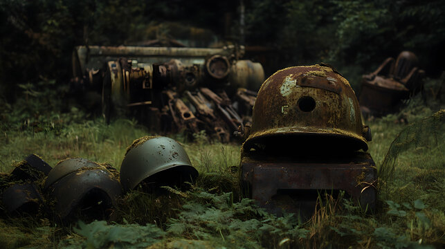 Abandoned rusty machinery in overgrown forest setting - Powered by Adobe