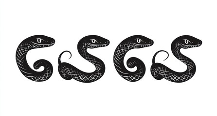 Fototapeta premium Four stylized snakes, side view, black silhouettes, intricate patterns, graphic design