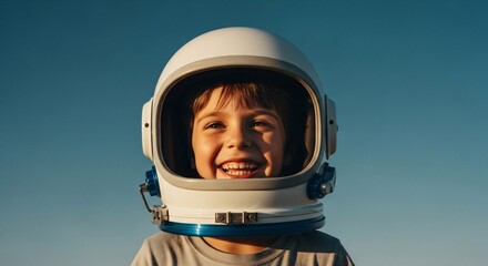 Obraz premium A child dreaming of space exploration, wearing an astronaut helmet, with the clear blue sky as the background