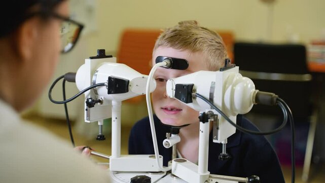Young boy undergoing comprehensive eye examination with optometrist