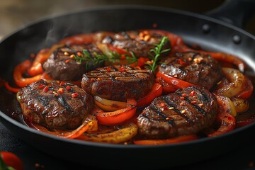 Delicious Beef Steak on a Grill Pan with Peppers and Onions - Easy Gourmet Home-Cooked Meal Recipe