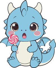 Adorable cartoon blue dragon character sitting and holding a swirl lollipop candy