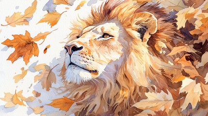 serene lion painted in watercolor surrounded by dry leaves, subtle motion in wind, blurred orange and brown background tones, tranquil wildlife moment