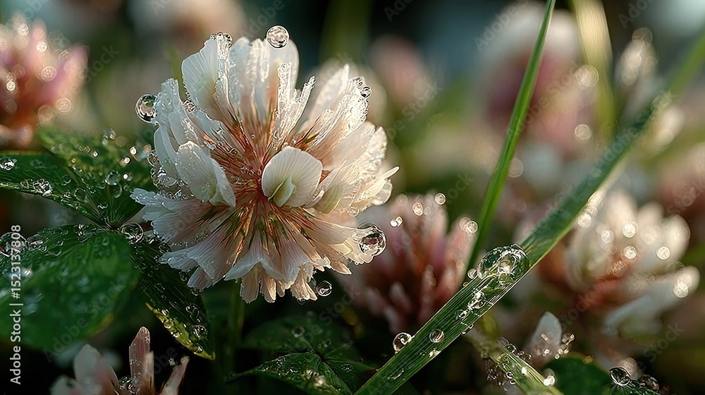 Poster a zoomed-in image of a flower with water droplets and a distant view of a green plant adorned with p