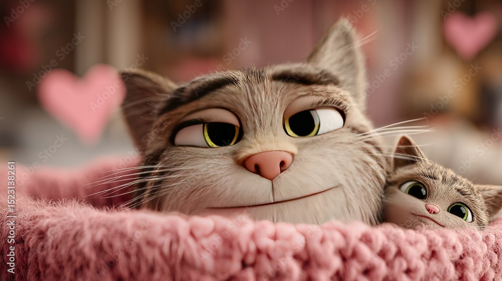 Poster a close-up of a cat lounging in a bed surrounded by heart-shaped background elements and a cat in th