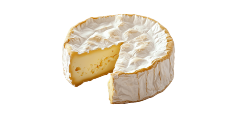 Round Brie Cheese With Wedge Cut Out. Gourmet Dairy Product Isolated On Transparent Background
