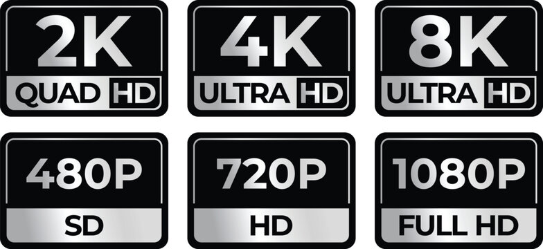 Resolution Icons Set &ndash; 8K, 4K Ultra HD, 2K Quad HD, 1080p, 720p, 480p SD Logos &ndash; Flat Vector on White Background