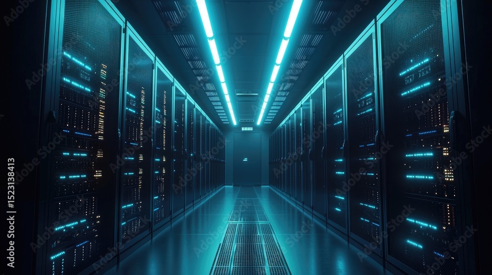 Aufkleber Modern large data center corridor with illuminated racks and glowing server lights in a dark ambient space, ideal for cloud computing, cybersecurity, and IT infrastructure themes