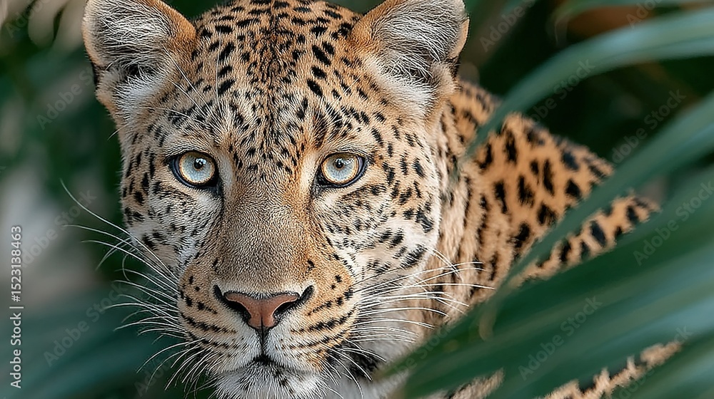 Poster a clear photo of a leopard's face with a green plant in the foreground and a sharp background