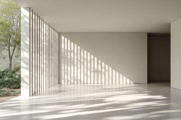 Modern Architecture with Minimalist Interior. Natural Light & Spacious Room with Concrete Walls and Wooden Slats