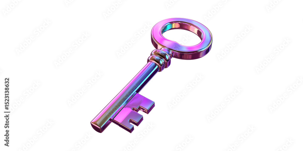 Poster colorful iridescent key. symbol of access and security in digital design isolated on transparent bac