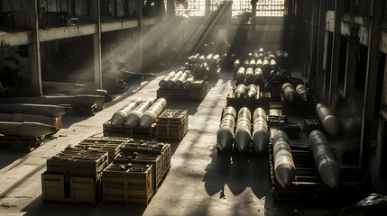 Sunlit warehouse with stacks of heavy bombs and crates in abandoned industrial space